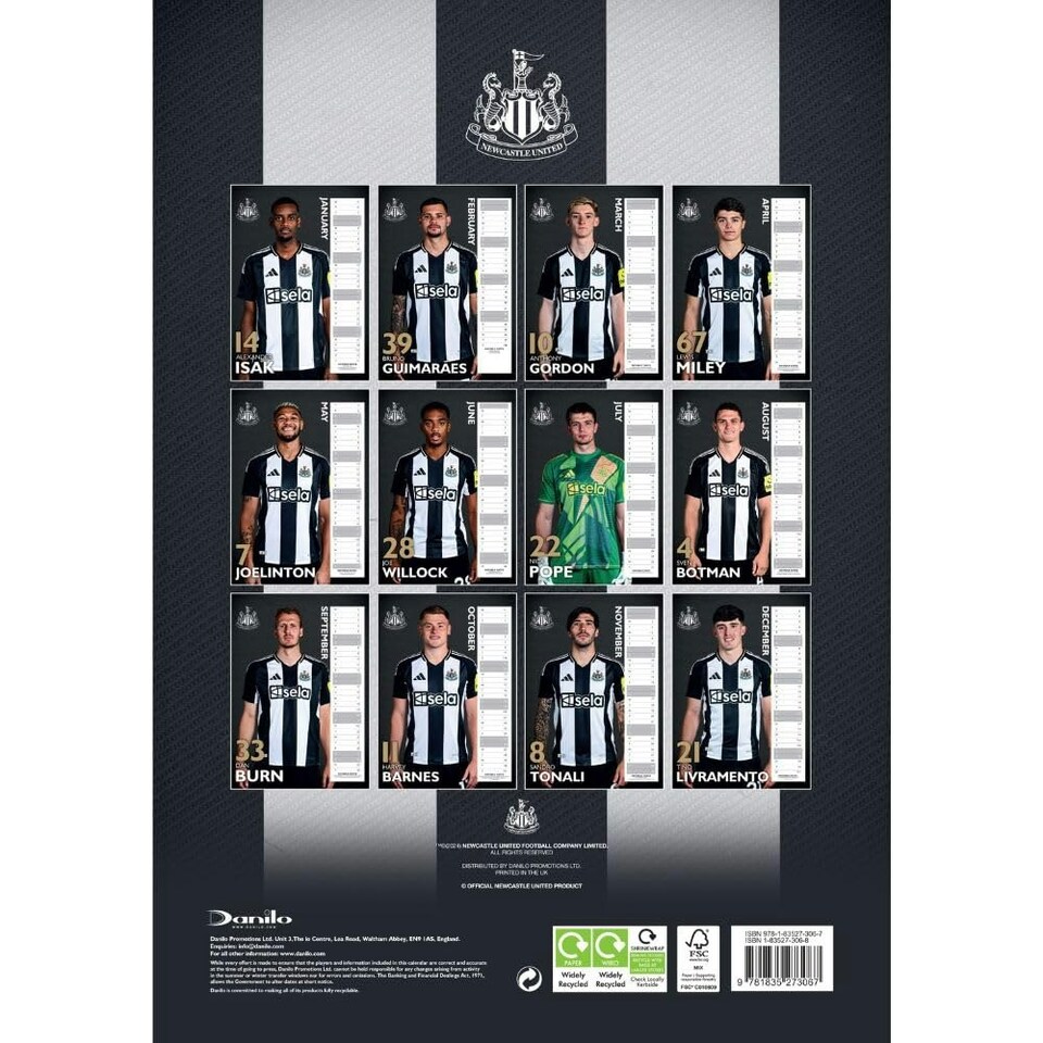 image 1 of Newcastle United FC 2025 A3 Wall Calendar - Multicoloured - One Size