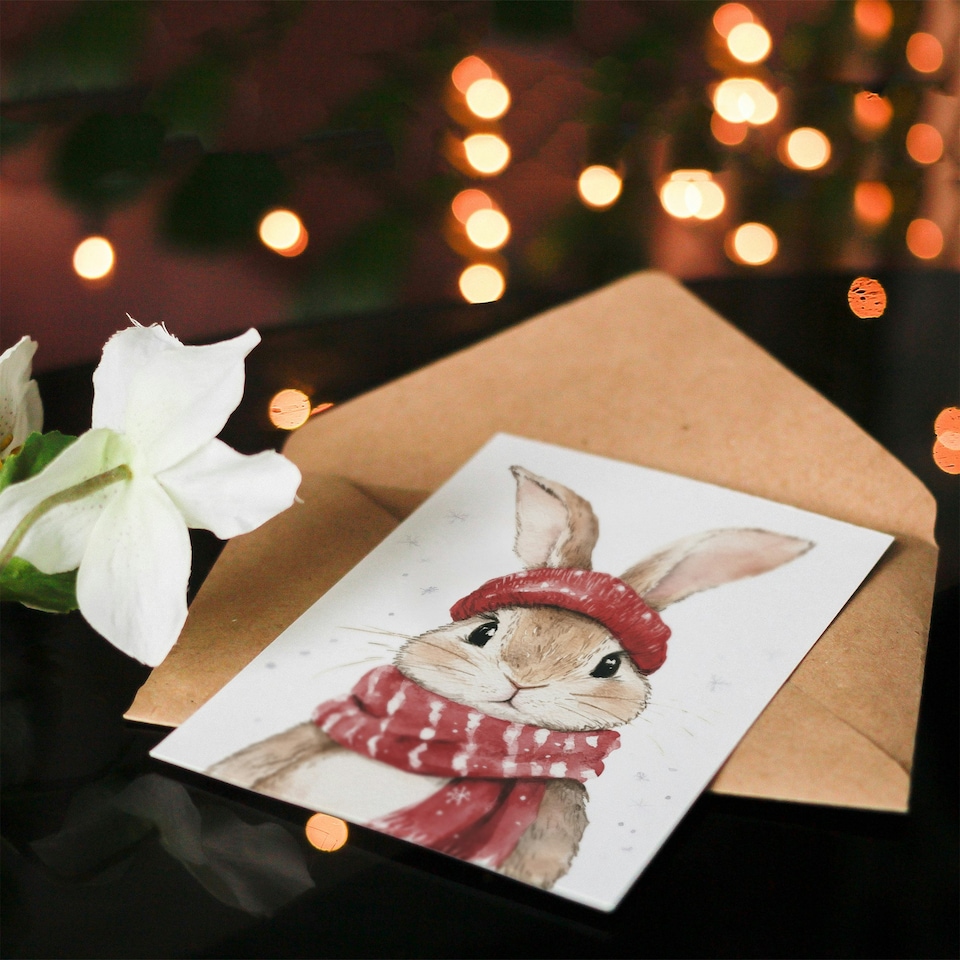 image 1 of Cute Bunny Rabbit Red Winter Hat Scarf For Child Kids Xmas Festive Christmas Card