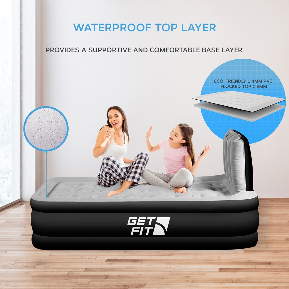 image 1 of Get Fit Air Bed With Built In Electric Pump - Premium Single Airbed - Quick Blow Up Bed With Headboard & Free Inflatable Pillow | Black | Black / Grey | 1