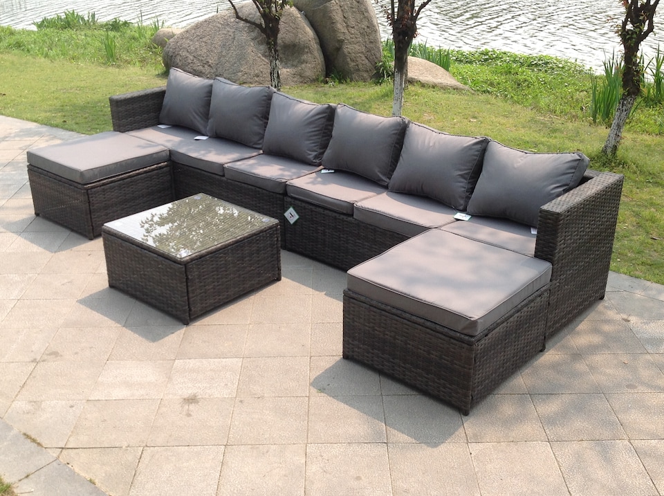 image 1 of Fimous 8 Seater Lounge Wicker Rattan Sofa Set Footstool Table Outdoor Garden Furniture With 2 Footstools