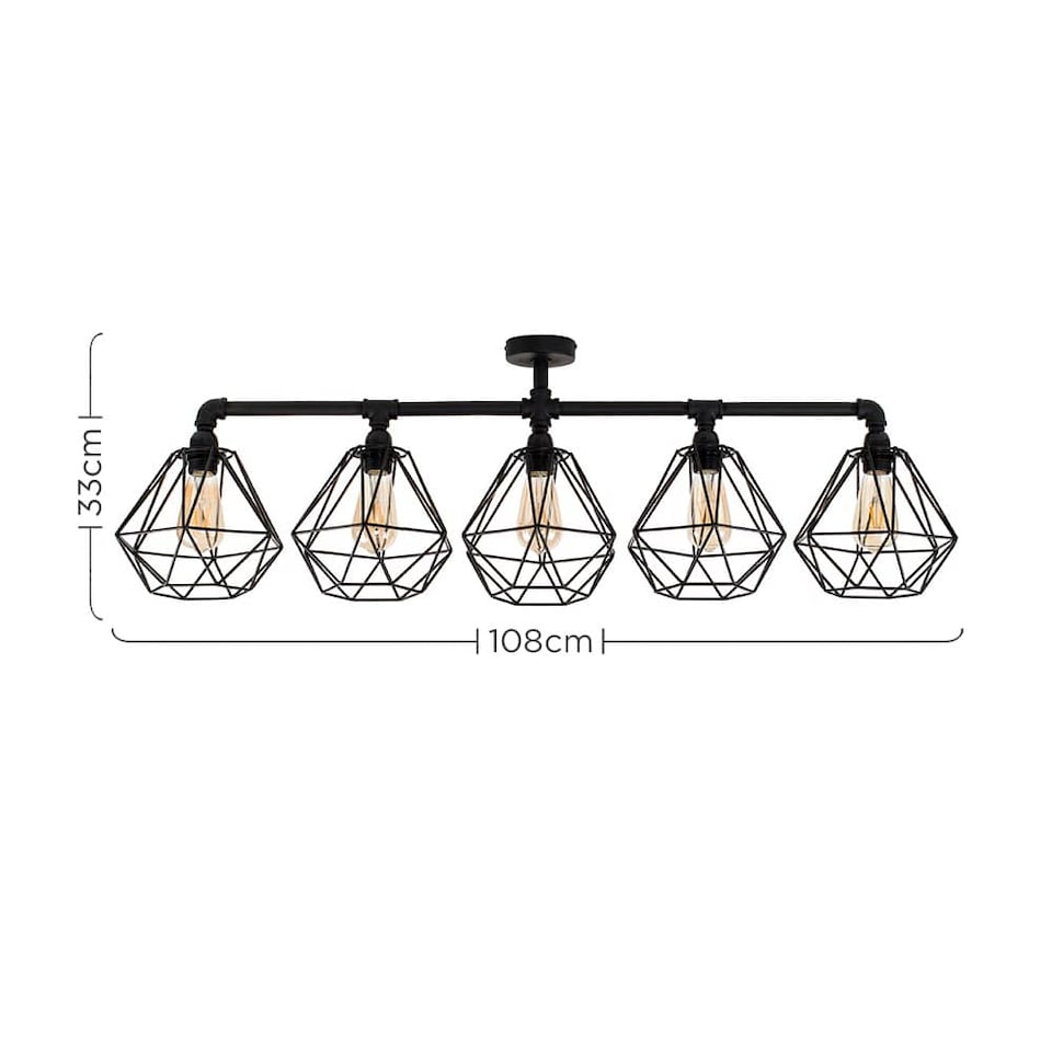 image 1 of ValueLights Luiggi 5 Way Black Ceiling Bar Diablo Black Wire Shades and Bulbs
