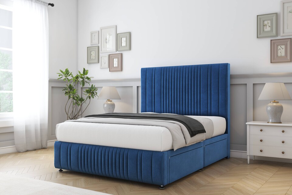 image 1 of Sloomy Kingsley Navy Plush Divan Bed With Mattress 2 Drawers Footend With 26" Strutted Headboard & 12" Matching Footboard 4' Small Double | Blue | Navy | Small Double | 1