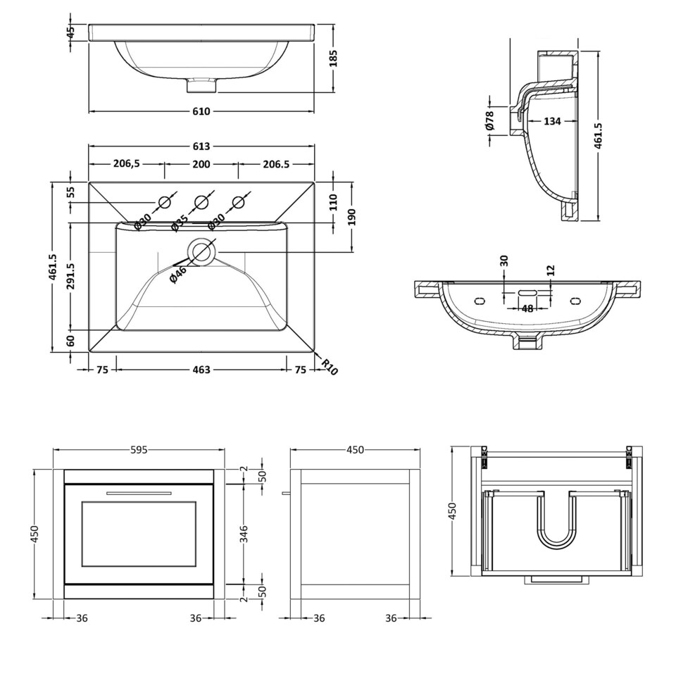 image 1 of Balterley Traditional Bathroom Wall Hung 1 Drawer Vanity Unit and 3 Tap Hole Modern Fireclay Basin | White | Nimbus White