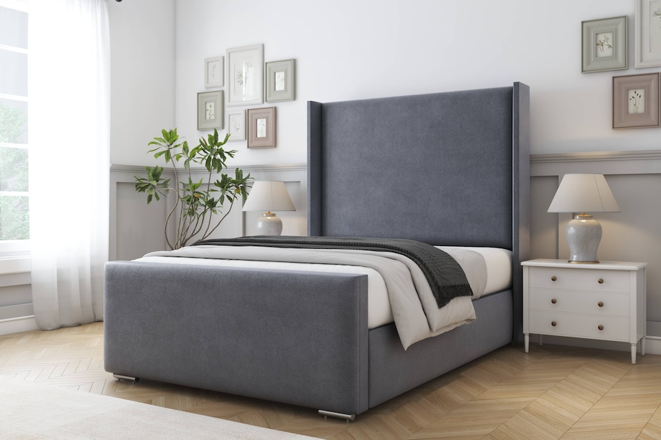 image 1 of Sloomy Devonshire Steel Plush Bed Frame With Mattress With 50"  Upholstered Wingback Headboard 2'6 Small Single