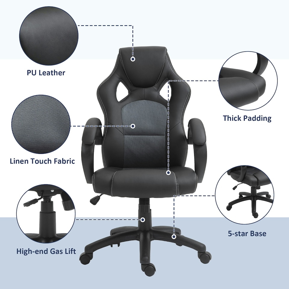 image 1 of Vinsetto PU Leather Racing Gaming Chair, Swivel Home Office Gamer Chair Gray