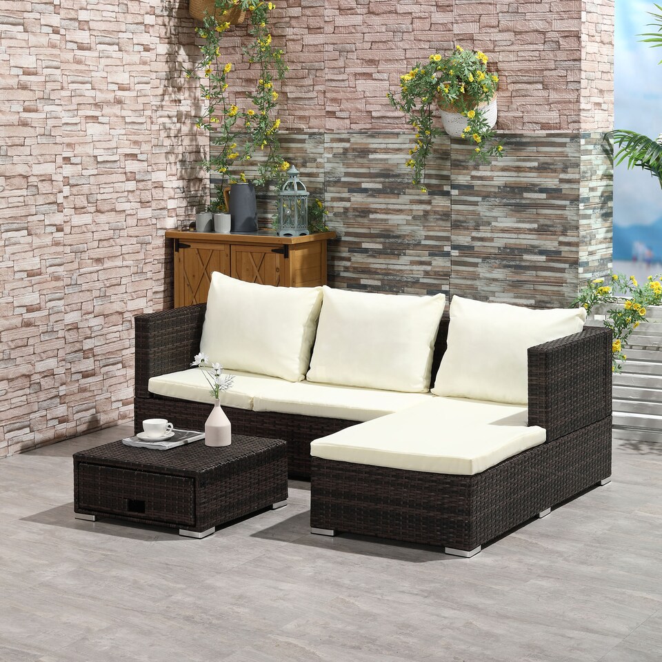 image 1 of Outsunny 3 Pieces Rattan Garden Furniture Sofa Set, 4 Seater Garden Corner Sofa with 5-Level Reclining Sun Lounger and Storage Coffee Table, Outdoor Furniture Conservatory Set with Cushions, Brown