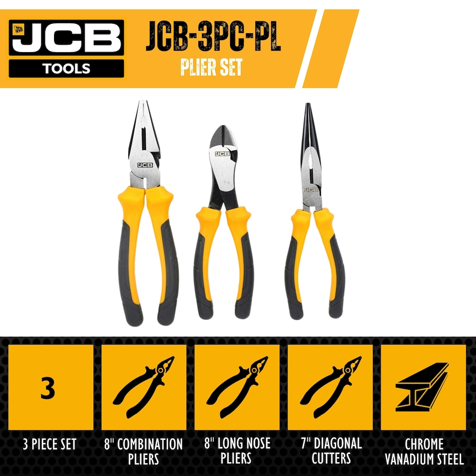 image 1 of JCB Tools 3 Piece Plier Set, Heavy-Duty Steel Hand Tools | JCB-3PC-P