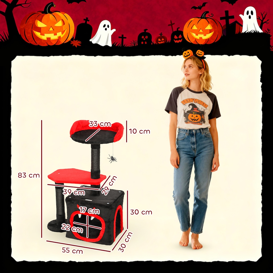 image 1 of PawHut Gothic Cat Tree with Scratching Posts, Black, Halloween