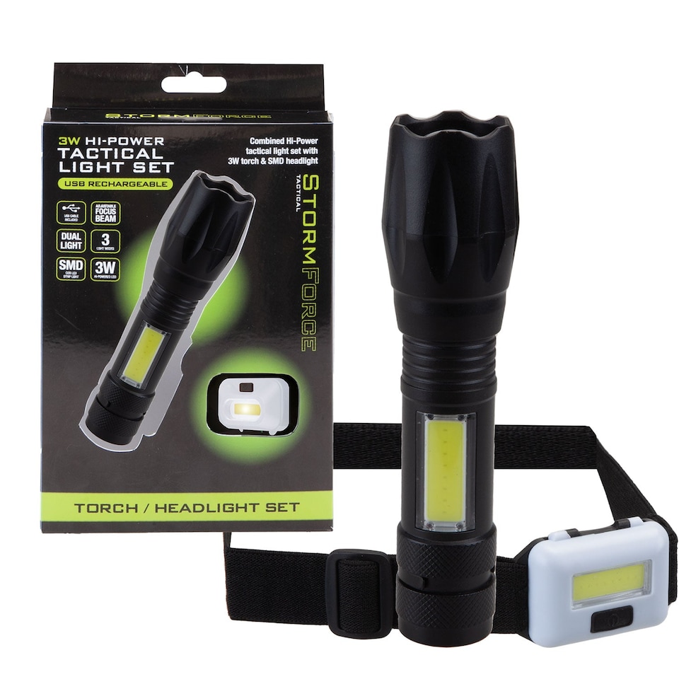 image 1 of vfm-estore Torch Set 3W Focus Beam Head Light USB Rechargeable, 3–4 hr Charge