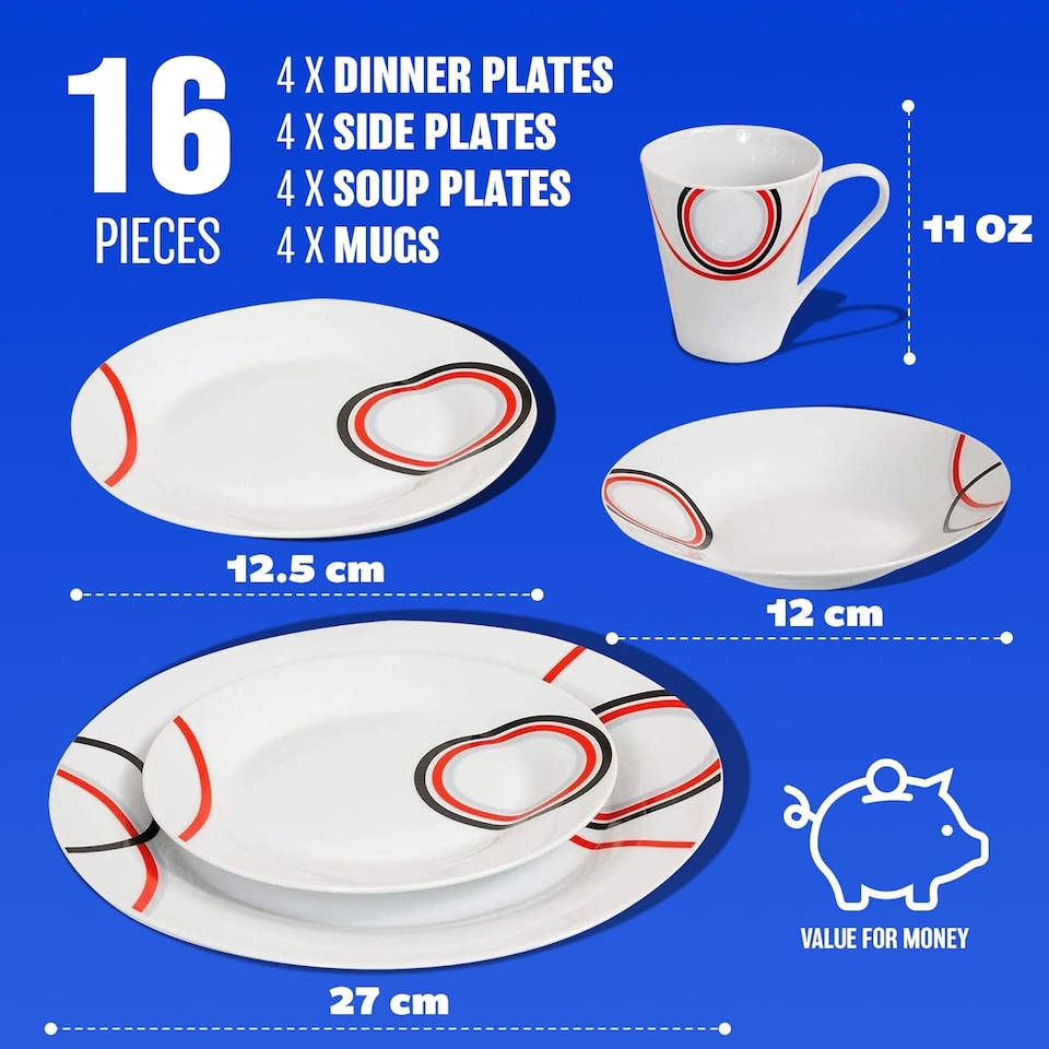 image 1 of 16 Piece Dinner Set Red & Black Pattern Dinnerware Plates Mugs Home