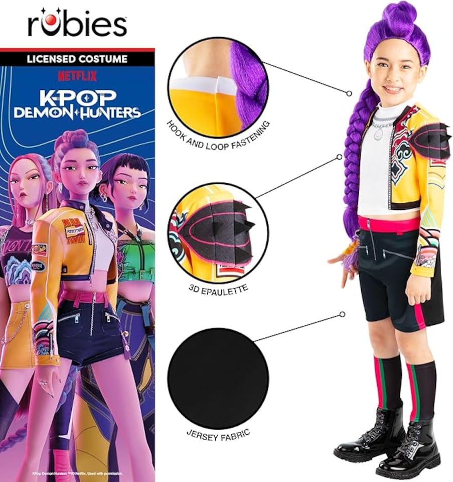 image 1 of Rubie's Official Netflix K-Pop Demon Hunters Deluxe Rumi Costume | Yellow Cropped Jacket Attached To Top, Shorts & Striped Knee-High Leg Sleeves w/ Charm Accessory| Girls Fancy Dress | Officially Licensed Halloween Costume | Kids Sizes
