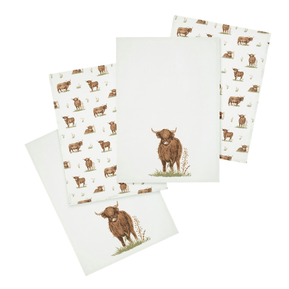 image 1 of Catherine Lansfield Angus Highland Cow Cotton Kitchen Tea Towel Pack of 4 Natural | Cream | Natural | One size | 4