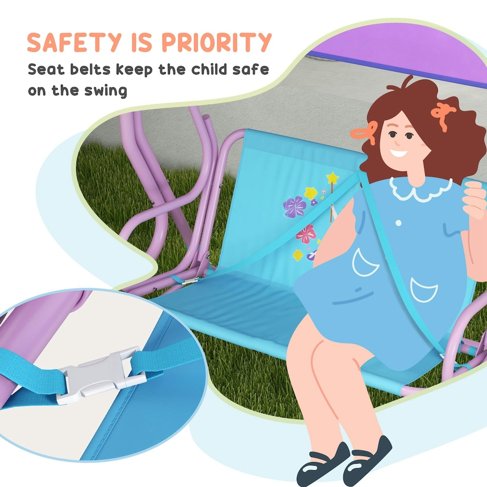 image 1 of Outsunny 2 Seater Kids Swing Chair, Fairy-Themed with Adjustable Canopy