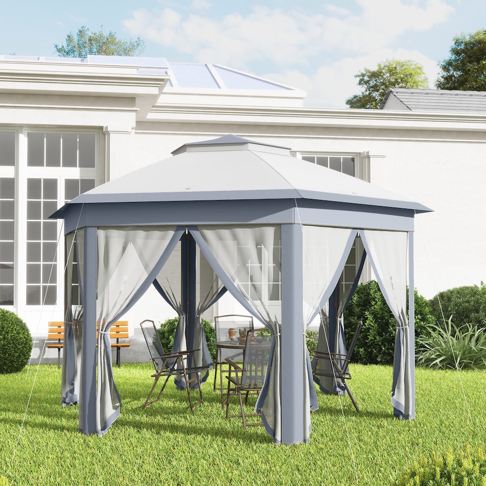 image 1 of Outsunny 3 x 4m Garden Gazebo Hexagon Pop Up Gazebo Party Tent Canopy Double Roof Instant Shelter with Netting and Carry Bag for Outdoor Patio, Grey