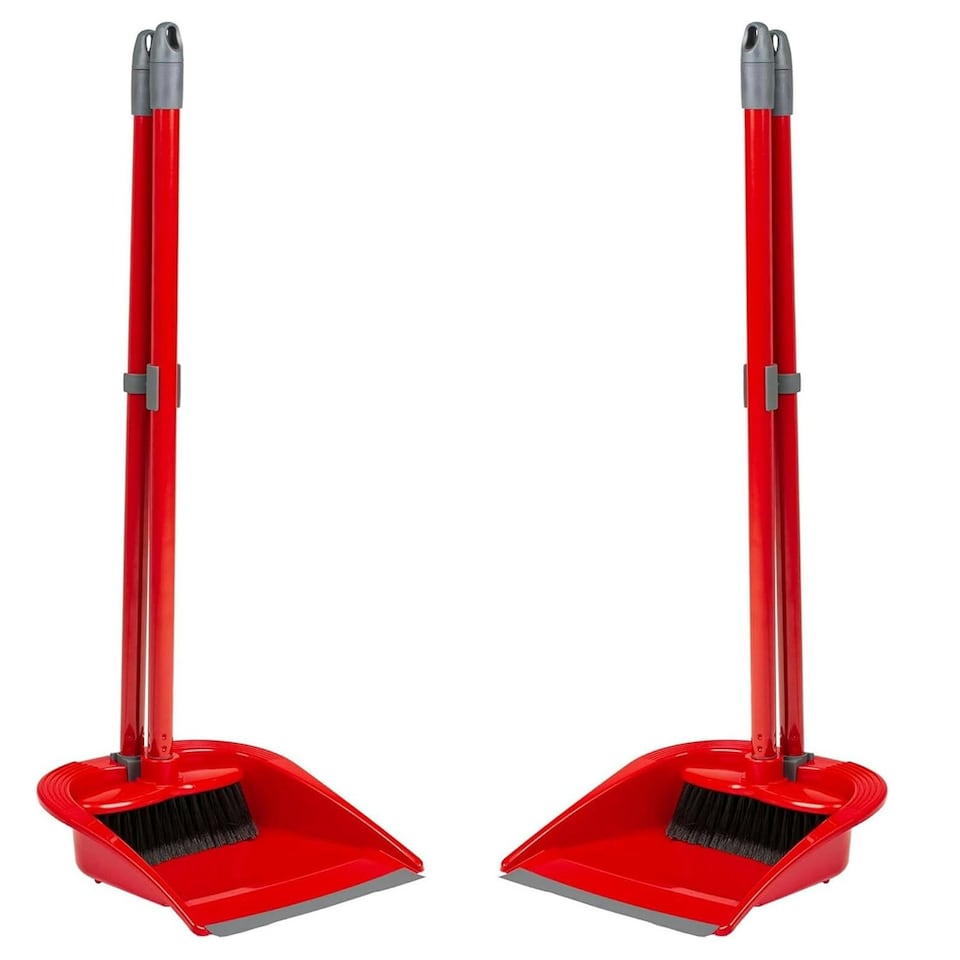 image 1 of 2 x Red Long Handled Tall Household Dustpan & Brush Set Ideal For Sweeping Up Dirt Red