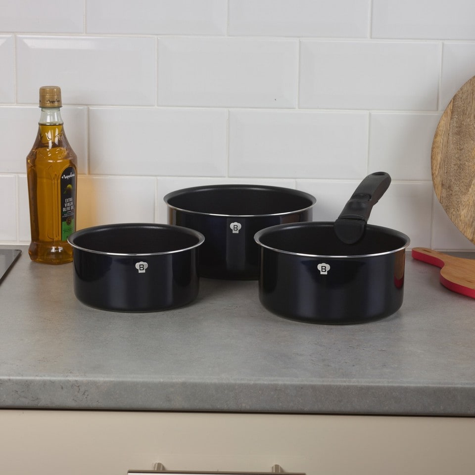 image 1 of Aluminium Induction Stackable Space Saving Pots Frying Pan Set Detachable Handle | Black | Aquamarine - 7 Pcs Saucepan & Frying Pan Set