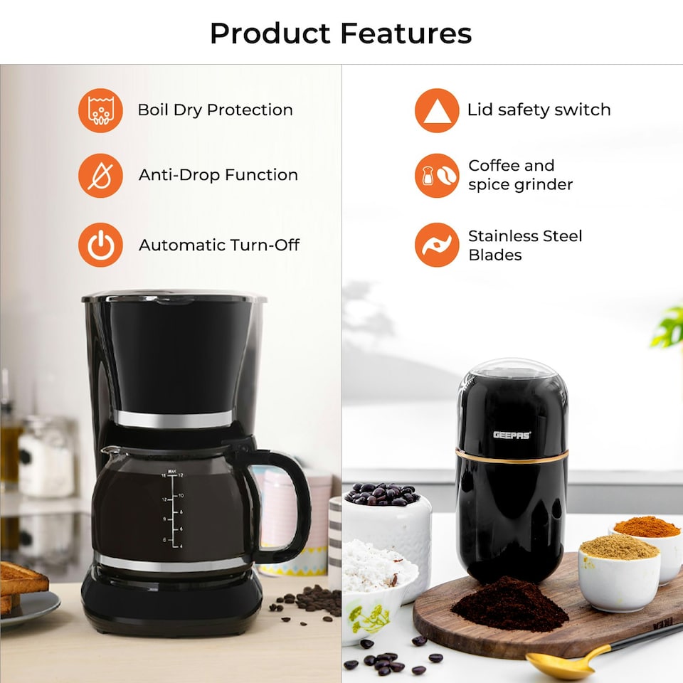 image 1 of GEEPAS 1.5L Filter Coffee Machine & Coffee Grinder 80g Capacity Combo Set