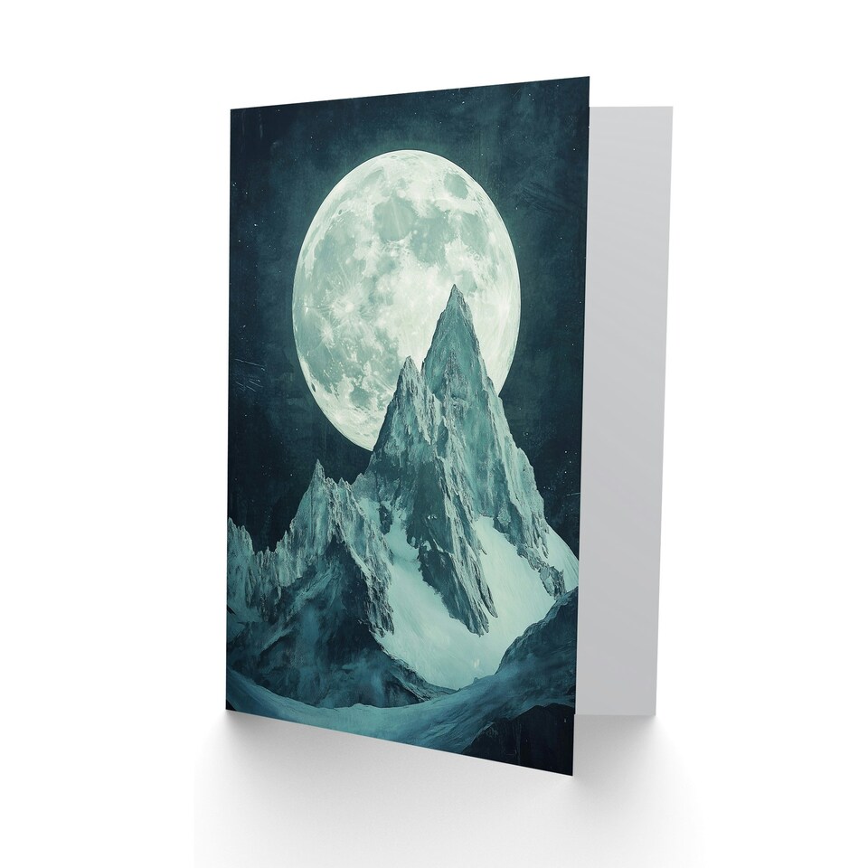 image 1 of Alpine Mountain Range Peak Full Moon Fantasy Art Birthday Greeting Card