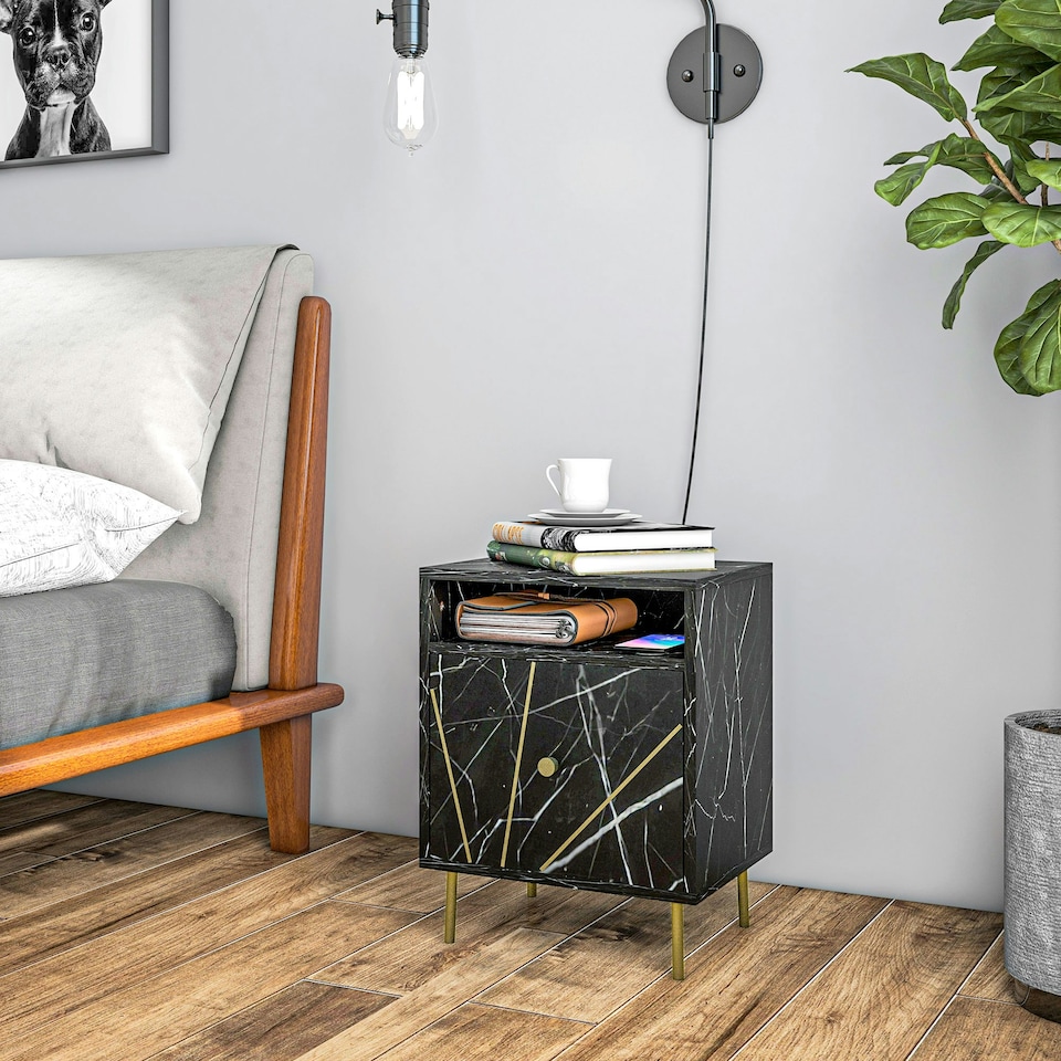 image 1 of HOMCOM Modern Bedside Table with Drawer and Open Shelf Black Marble Effect