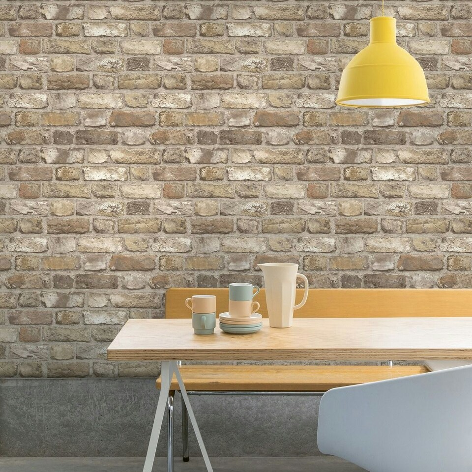image 1 of Grandeco Brick Effect Vinyl Wallpaper - Neutral - One Size | Cream