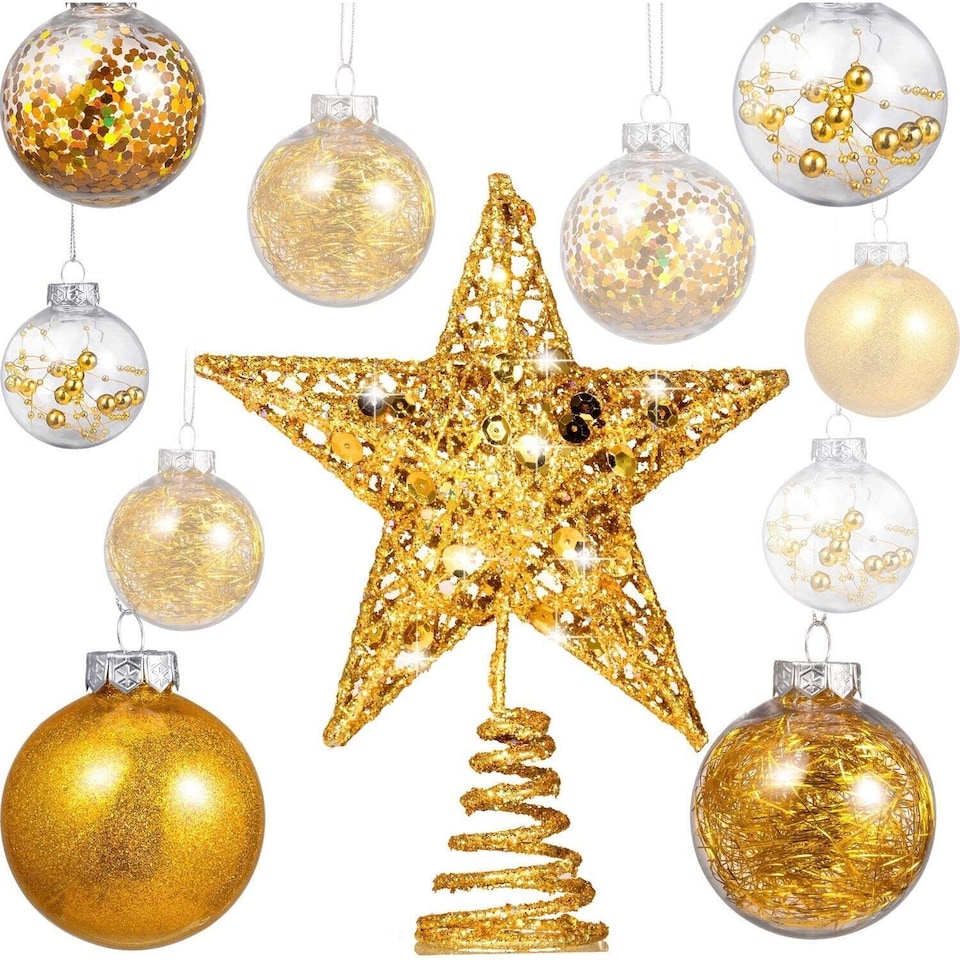 image 1 of 24 Piece Christmas Bauble & Tree Top Star Decoration Set | Shatterproof Tree Ornaments