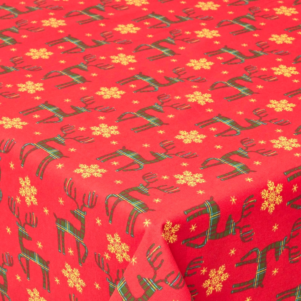 image 1 of Homescapes Red Reindeer 100% Cotton Christmas Tablecloth - 178 x 305 cm | Red | 178cm x 305cm (70" x 120")