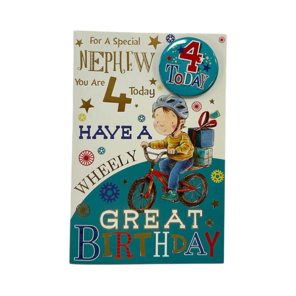 image 1 of Nephew Age 4 Boy with Gifts Design Juvenile Birthday Card with Badge
