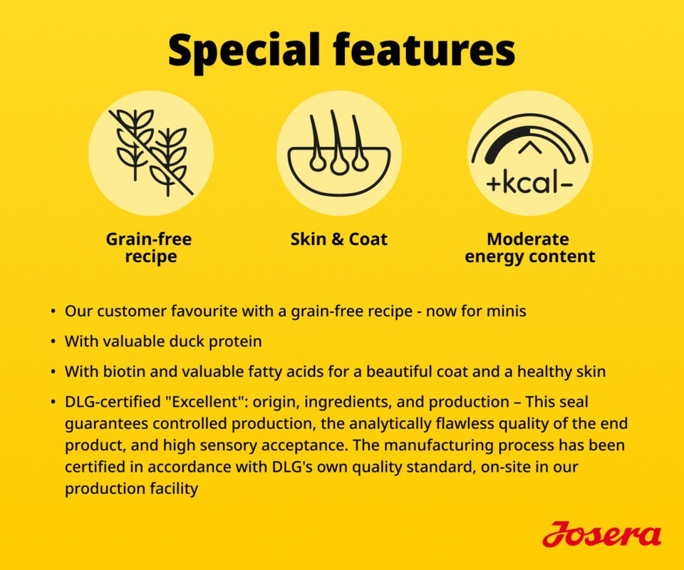 image 1 of Josera Mini Adult Duck & Potato | Grain free | Single meat protein | Complete dry food for toy & small breed dogs | Immune Plus | Skin & Coat | 3x3kg