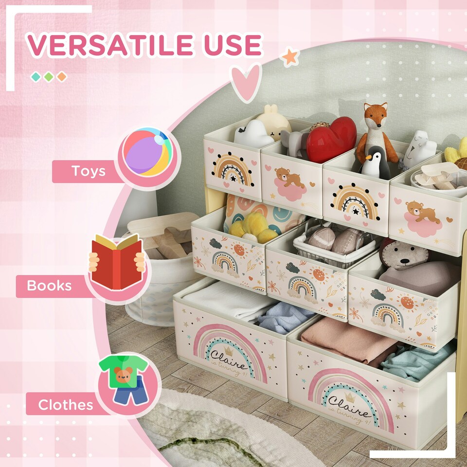 image 1 of AIYAPLAY 3-Tier Toy Organiser Shelf with 9 Storage Boxes for Bedroom Yellow