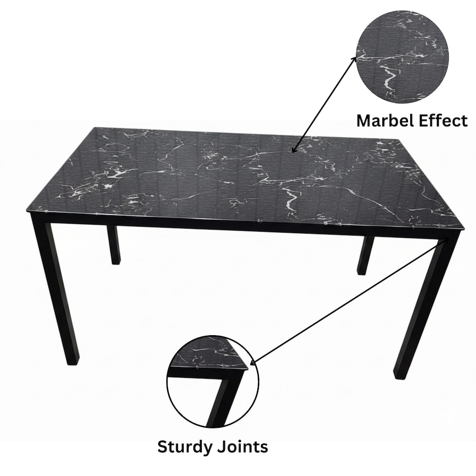 image 1 of Black Marble Effect Dining Table with 4 White Faux Leather Chairs Kitchen Furniture