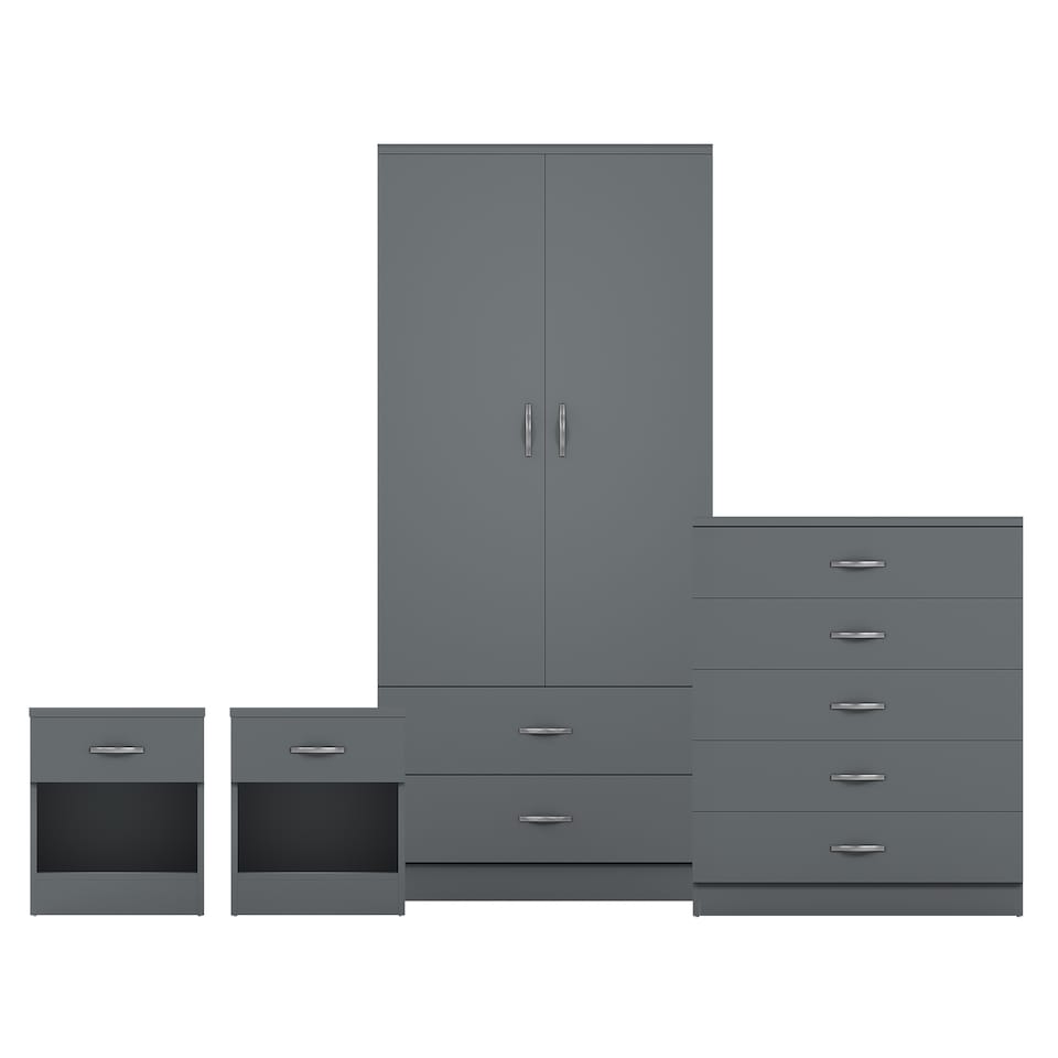image 1 of Vida Designs Riano 4 Piece Bedroom Set (1 Drawer Bedside Chest, 5 Drawer Chest, 2 Door 2 Drawer Wardrobe), Grey (5)