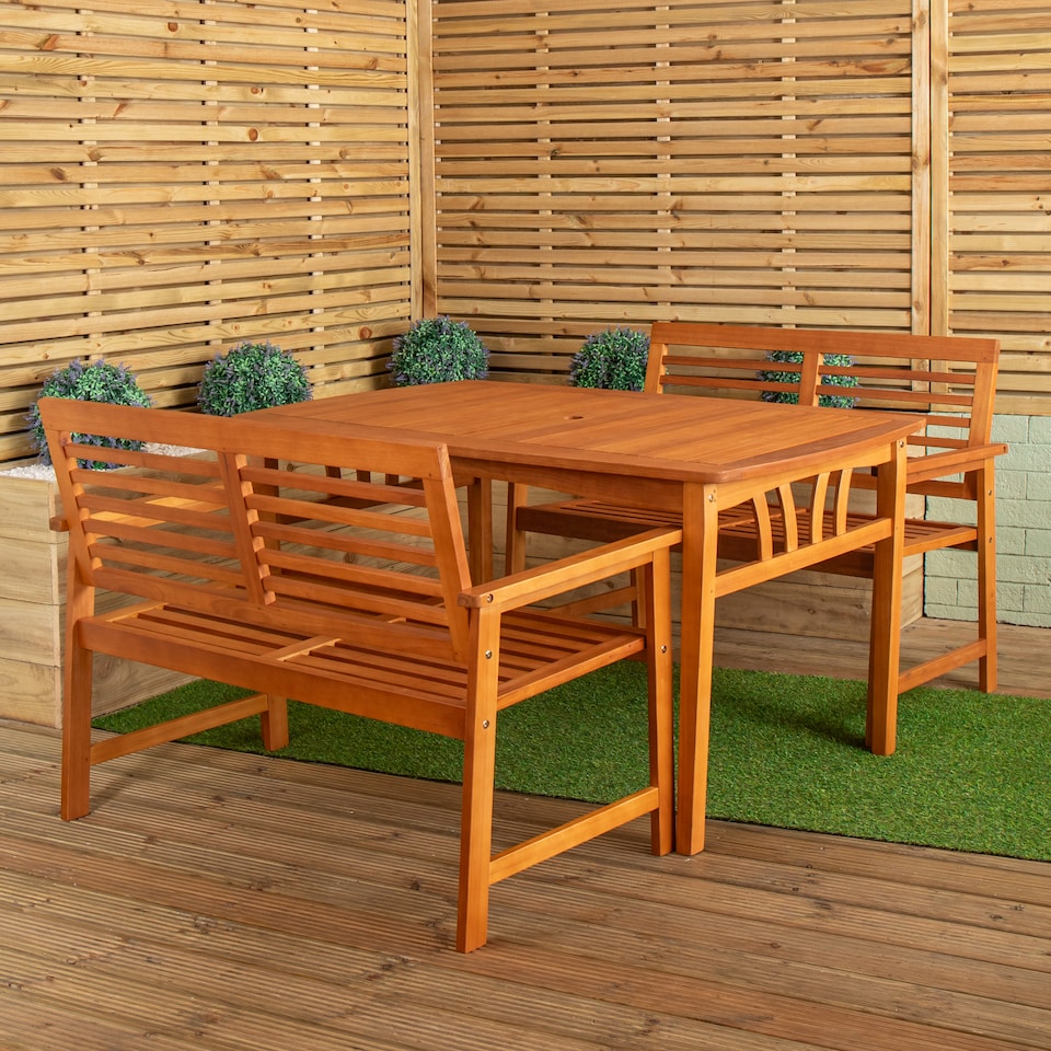 image 1 of Outdoor 4 Person Rectangular Wooden Garden Table, 2 Benches Furniture Set