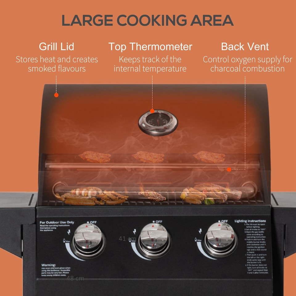 image 1 of Outsunny 3 Burner Gas Grill 8.7 kW Portable Barbecue Trolley w/ Shelves