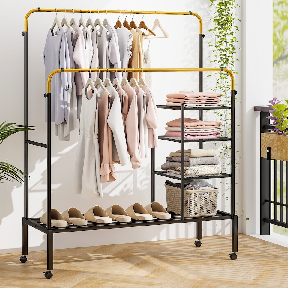image 1 of COSTWAY Rolling Clothes Drying Rack Adjustable Double Rods Garment Rack Golden