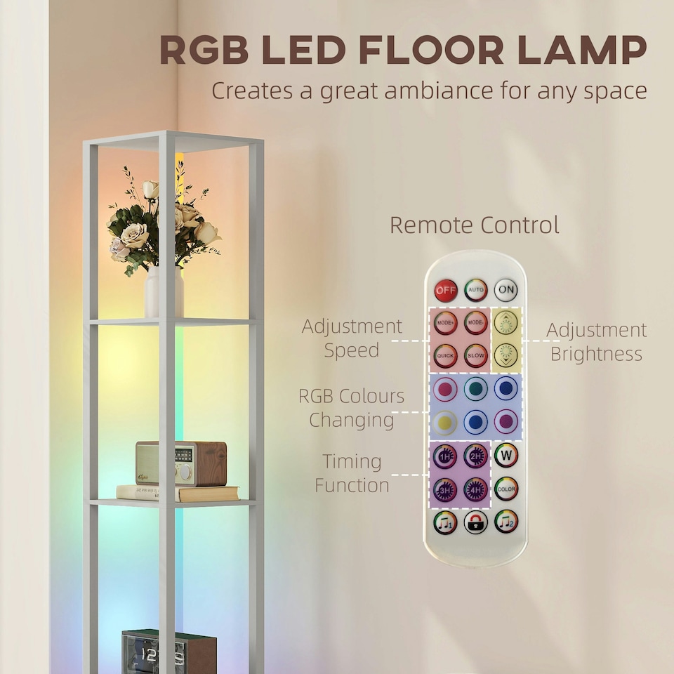 image 1 of HOMCOM RGB LED Floor Lamp with Shelves and Remote Control for Bedroom, Grey Grey