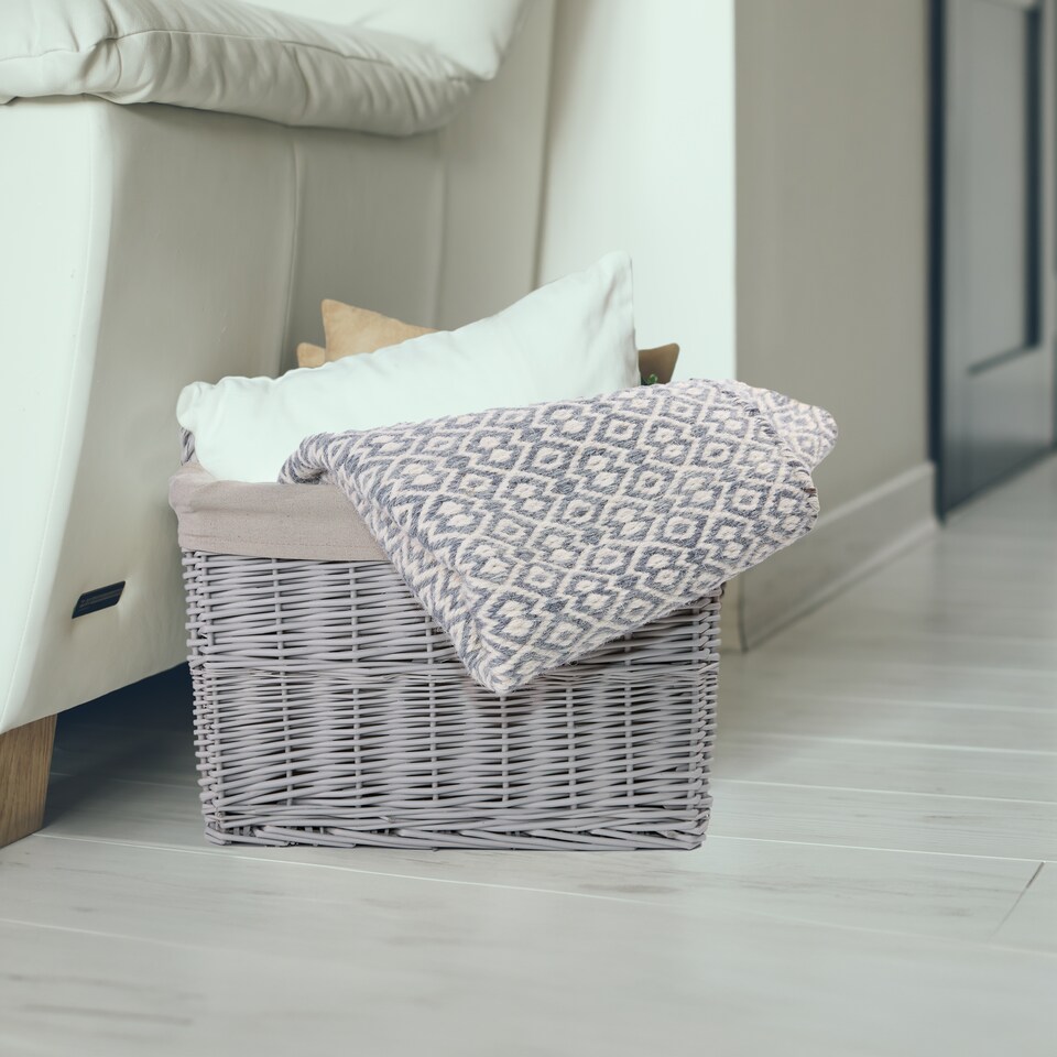 image 1 of Wickerfield Wicker Laundry Basket with Lining, Large Storage Basket with Handle, Home Storage for Washing, Toys, Nursery (Classic Grey, Rectangular, Medium)