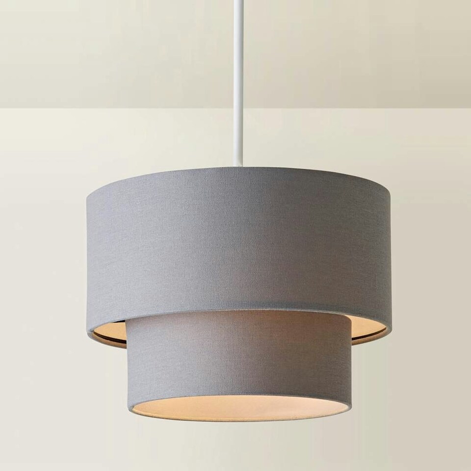 image 1 of ValueLights Jodie Two Tier Grey Linen Drum Lamp Shade and Bulb Grey