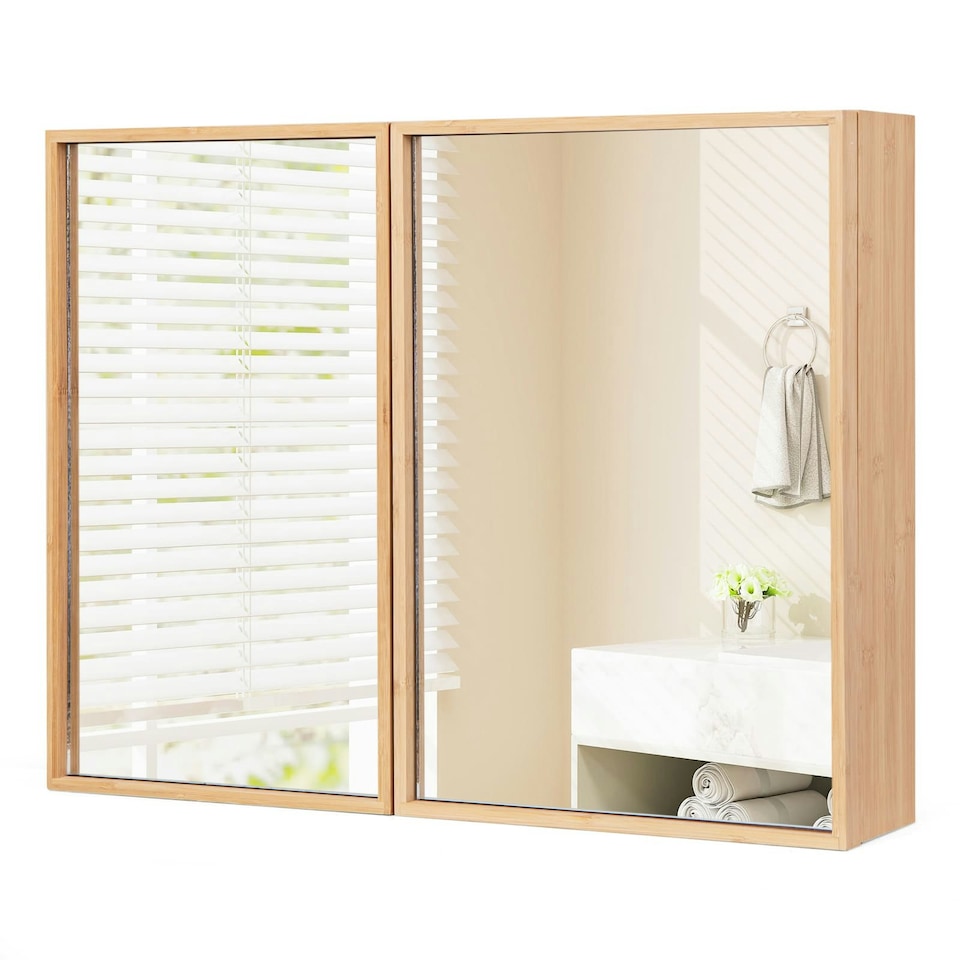 image 1 of COSTWAY Bathroom Wall Cabinet Double Door Medicine Storage Brown
