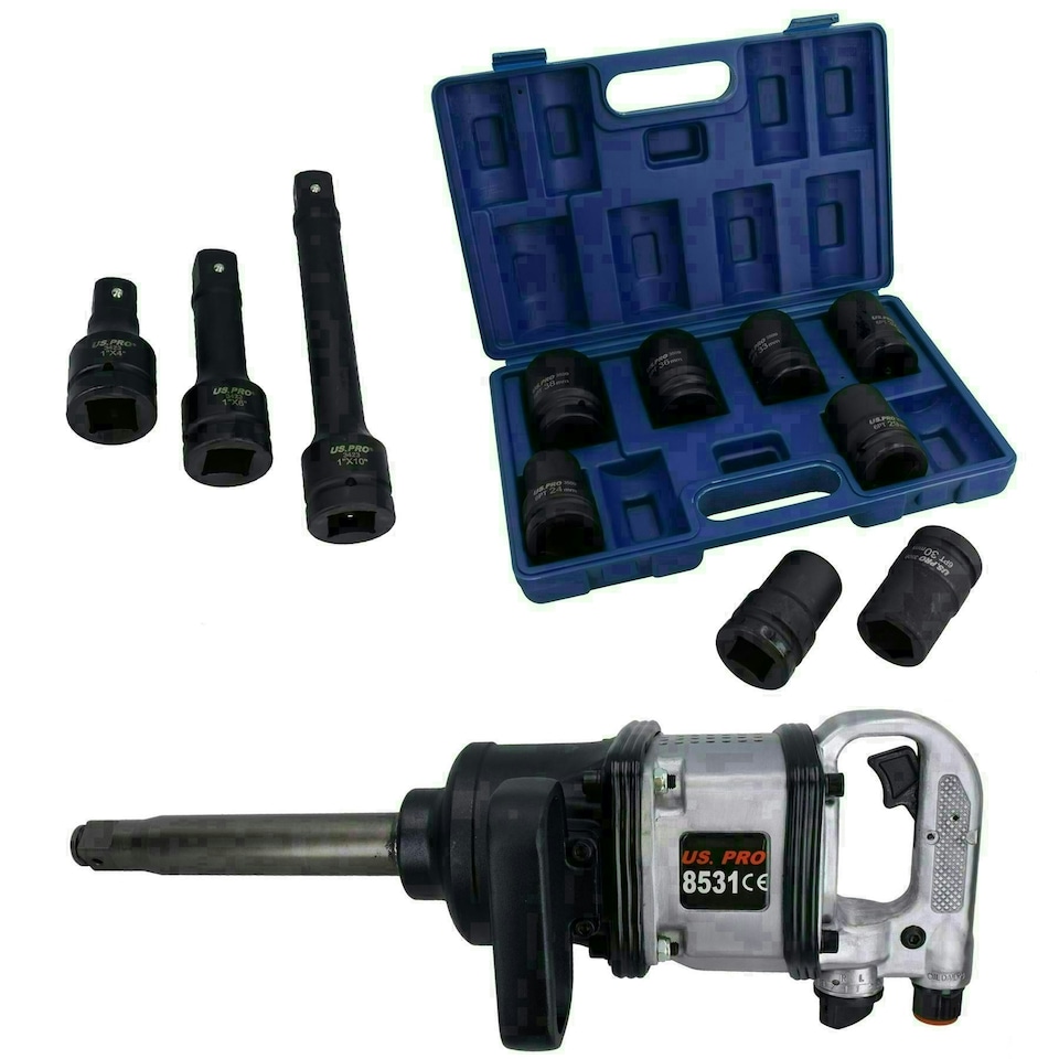 image 1 of 1in Drive Anvil Air Impact Wrench Gun 2200Nm 8 Sockets 24 - 38mm + Extensions