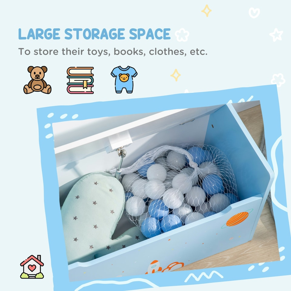 image 1 of ZONEKIZ 2 In 1 Wooden Kids Storage Bench, Toy Box w/ Safety Rod - Blue