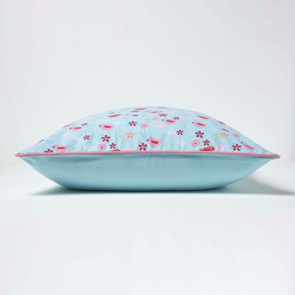 image 1 of Homescapes Cotton Birds and Flower Cushion Cover - 60 x 60 cm | Blue | Blue | 60 x 60 cm