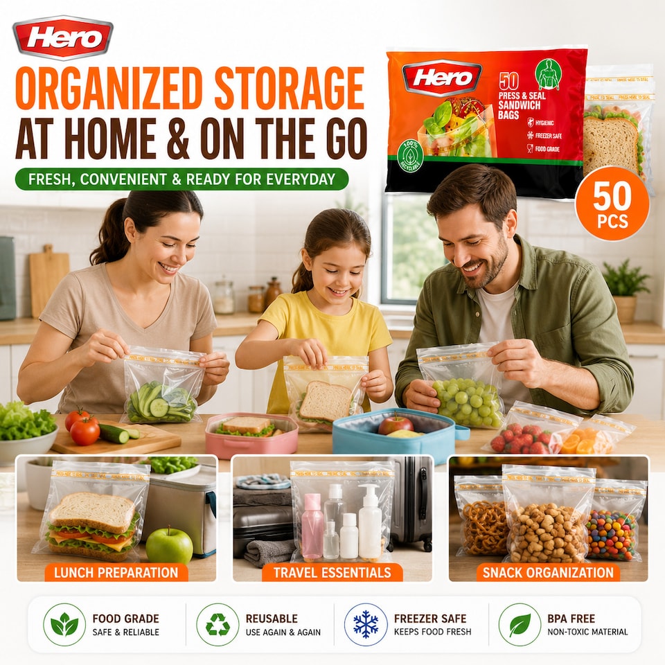 image 1 of Hero Reusable Press Seal Freezer Bags - Pack of 50 BPA Free Food Storage Bags for Sandwiches, Fruit, Meat, Vegetables & Freezer Storage