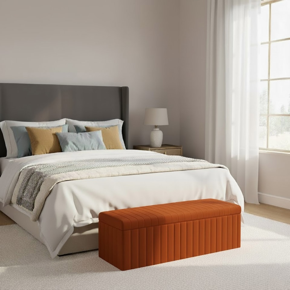 image 1 of 137cm Wide Lux Ottoman Storage Box, Burnt Orange Velvet Upholstered Full Striped Storage Ottoman Box