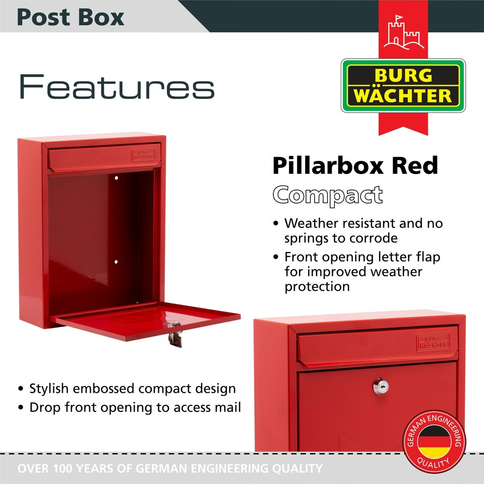 image 1 of Burg-Wachter Compact Wall Mounted Galvanised Steel Post Box - 26x33x9cm Red