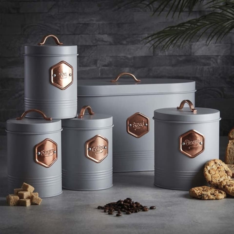 image 1 of Cooks Professional 5 Piece Kitchen Storage Set - Tea, Coffee, Sugar, Bread & Biscuit Tins | Grey | Grey & Copper | 5