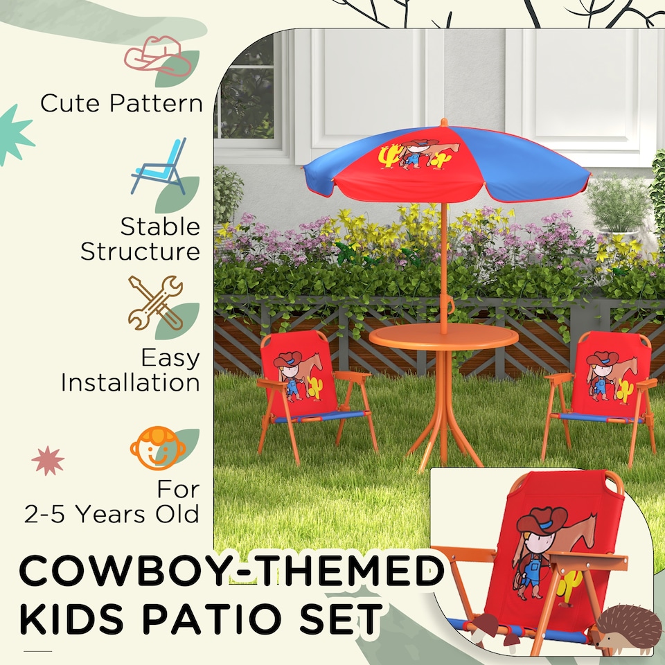 image 1 of Outsunny Kids Bistro Table and Chair Set w Cowboy Theme, Adjustable Parasol