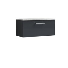 Balterley Level Wall Hung Single Drawer Vanity Unit with Laminate Worktop for Compact Modern Bathroom Storage | Grey | Satin Soft Black