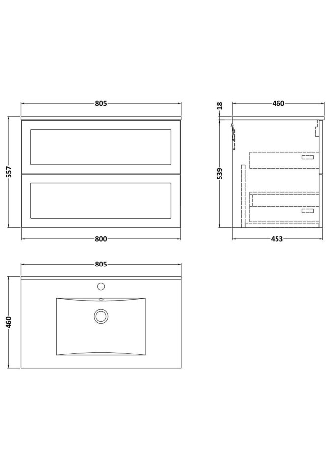 image 1 of Balterley Stonnall Traditional Wall Hung 2 Drawers Vanity Unit with Minimalist Ceramic Basin, 800mm, Matt White