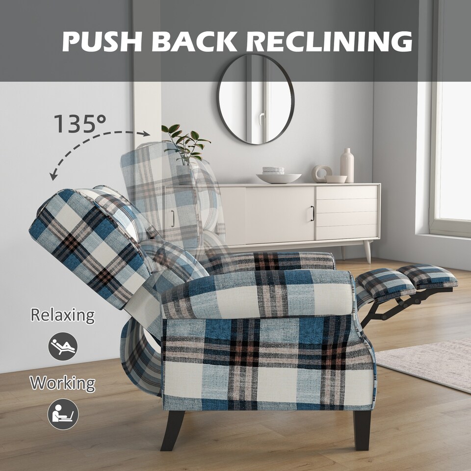 image 1 of HOMCOM Wingback Reclining Armchair for Living Room, Pushback Recliner Chair with Footrest, Round Armrests and Rubber Wood Legs, Blue