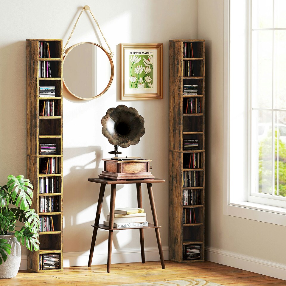 image 1 of HOMCOM 204 CD Storage Tower Tall Bookcase Bookshelf with Cubes Rustic Brown